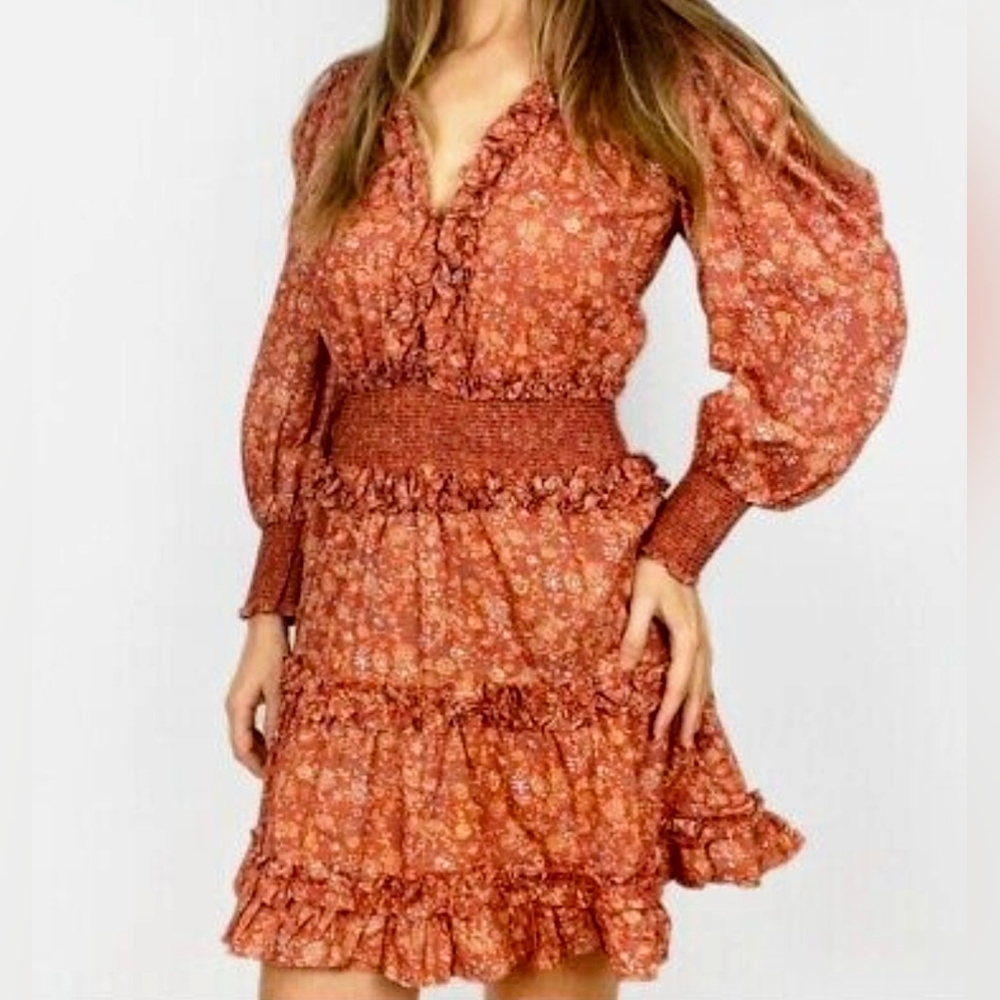 House of Harlow 1960 Wallis Rust Orangle Floral Mini Dress sz M Fall Festival